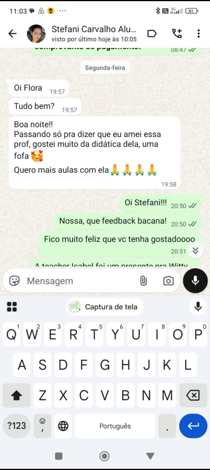 Conversa no WhatsApp com depoimento real de aluna da Witty